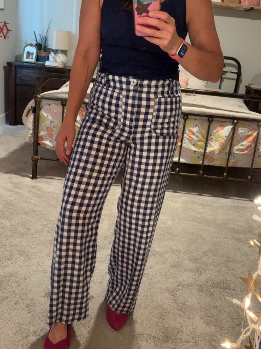 Maeve- Gingham Wide-Leg Pants - Navy & White